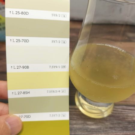 「Vivit’s 沖縄パイン MIX SODA」のマンセル値は7.5Y8.5／4に近い色